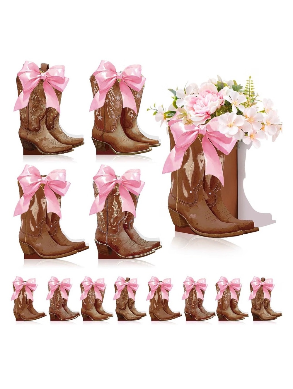 12 Pack Western Theme Party Cowboy Boot Flower Boxes with Pink Bows